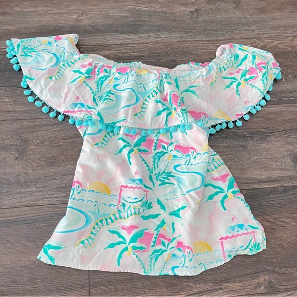 Crown & Ivy Multicolor Palm Tree Off Shoulder Shirt With Pom Poms - Picture 3 of 5